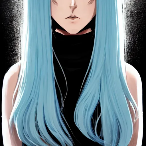 Image similar to full face shot of rimuru tempest, sky blue straight hair, long bangs, with amber eyes, wearing a fancy black jacket, high collar, ultra detailed, brush strokes, digital painting, cinematic, wlop artstation, closeup, pixiv, intense, intimidating glare, photorealistic, overpowering, andy warhol,