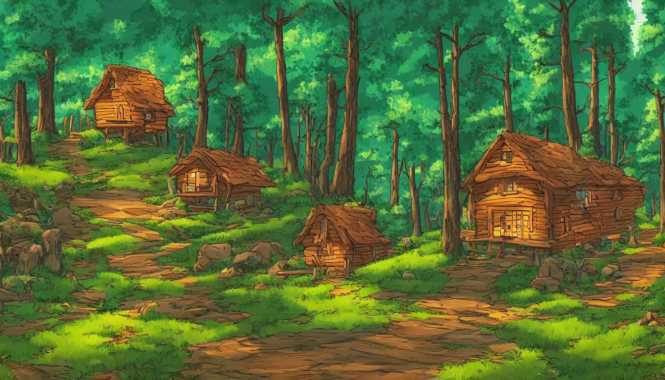 Image similar to a clearing in a forest with a cabin, Disney cartoon, animation, high detail, colorful