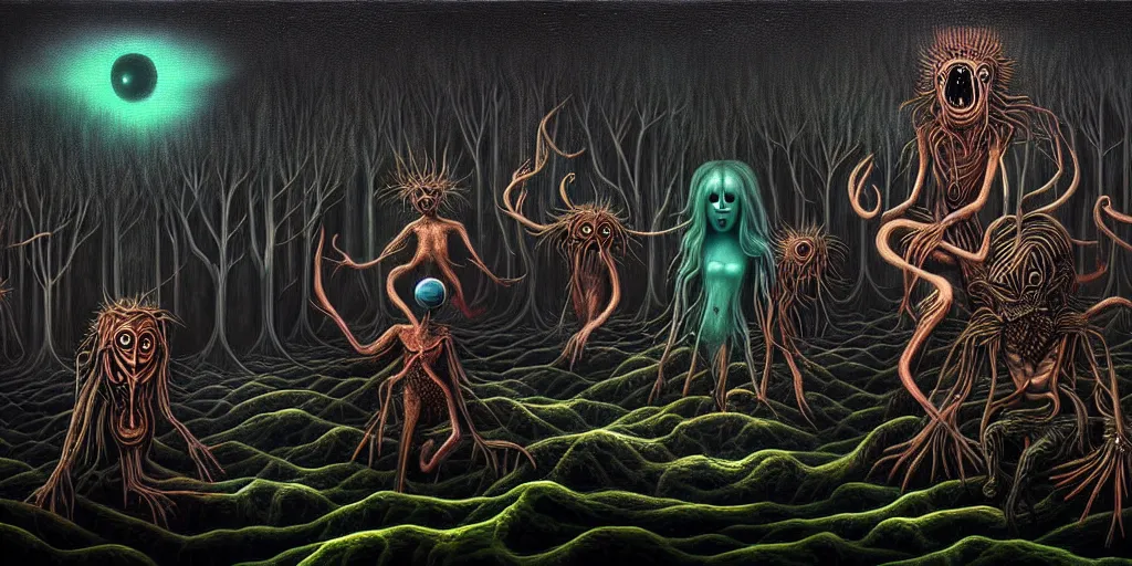 Image similar to creatures lurking in the collective unconscious, in a dark surreal painting by ronny khalil