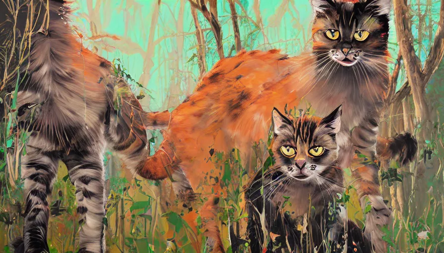 Image similar to highly detailed contemporary acrylic painting of really tall sitting cats by greg tocchini, thick brush strokes and visible paint layers, dense overgrown forest background, vivid pastel color scheme