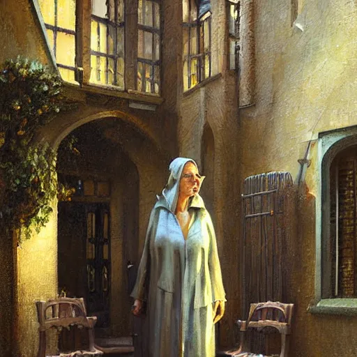 Image similar to detailed face of an intelligent cloaked scholarly elder woman with kind eyes in a architectonic victorian courtyard at a science expo, atmospheric, ambient, pj crook, syd mead, livia prima, artgerm, greg rutkowski, nick alm, casey baugh