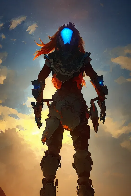 Image similar to combination suit armor aloy horizon forbidden west horizon zero dawn radiating a glowing aura global illumination ray tracing hdr fanart arstation by ian pesty and alena aenami artworks in 4 k tribal robot ninja mask helmet backpack