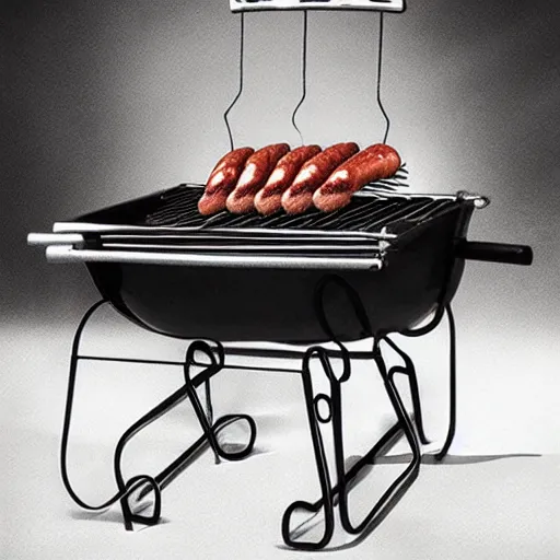 Image similar to a charcoal grill with sausages in the style of surrealist painter Salvador dali