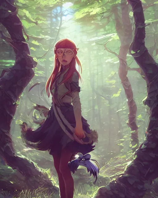 Image similar to an elven girl with a big skunk tail standing in the forest, atmospheric lighting. By Makoto Shinkai, Stanley Artgerm Lau, WLOP, Rossdraws, James Jean, Andrei Riabovitchev, Marc Simonetti, krenz cushart, Sakimichan, D&D trending on ArtStation, digital art.