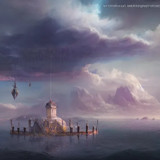 Prompt: beautiful matte painting of floating fort in the sky, mai anh tran,