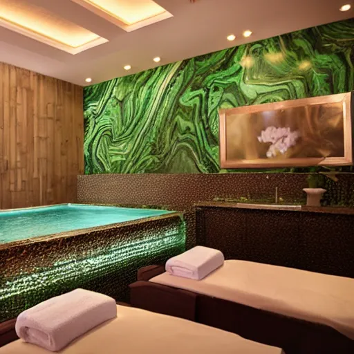 Prompt: luxury spa with malachite walls