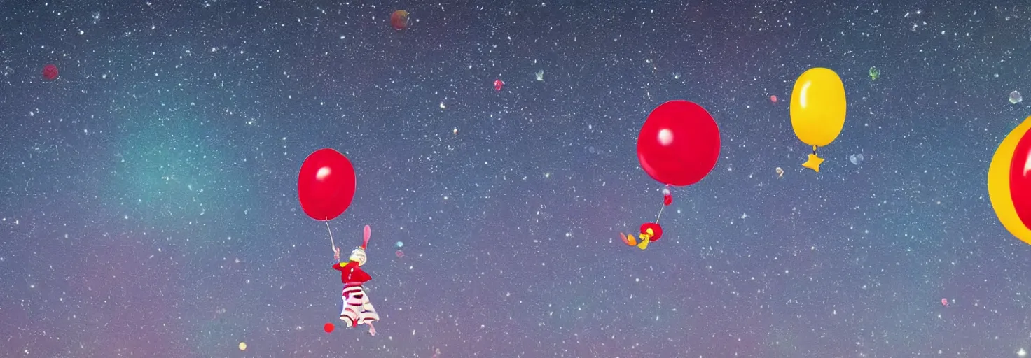 Prompt: floating clown and balloons, entire planet Earth in the background, in space, cosmos, sky full of stars, inspiring, epic, cinematic, award-winning, highly-detailed
