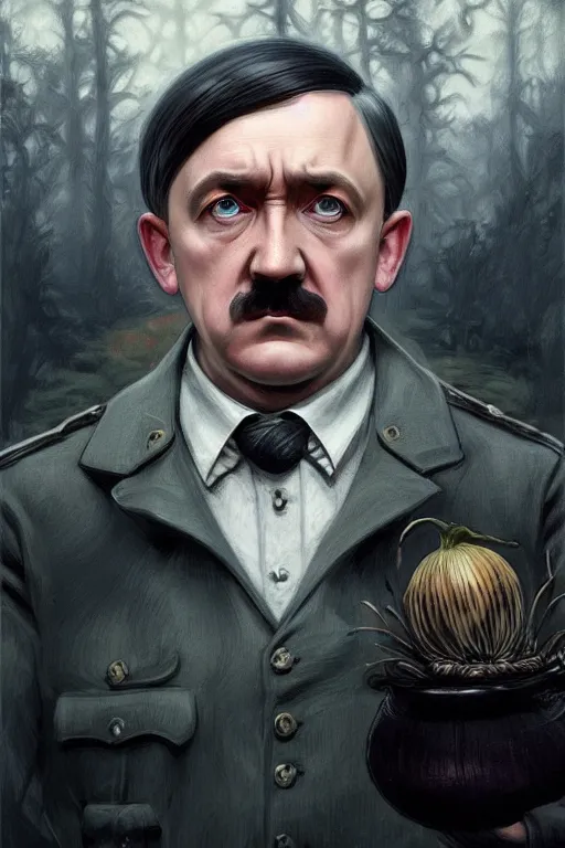 Image similar to beautiful cottagecore adolf hitler holding a Black Onion, blonde Hair, dark forest, intricate, elegant, highly detailed, digital painting, artstation, concept art, smooth, sharp, focus, illustration, art by artgerm and greg rutkowski and alphonse mucha