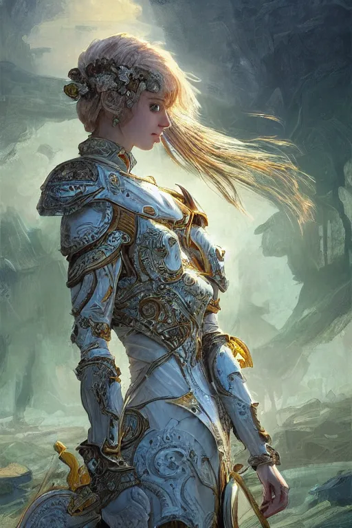 Image similar to portrait knights of Zodiac girl, metalic green and white reflected armor, in ruined Agora of Athens sunrise, ssci-fi, fantasy, intricate, very very beautiful, elegant, golden light, highly detailed, digital painting, artstation, concept art, smooth, sharp focus, illustration, art by tian zi and WLOP and alphonse mucha