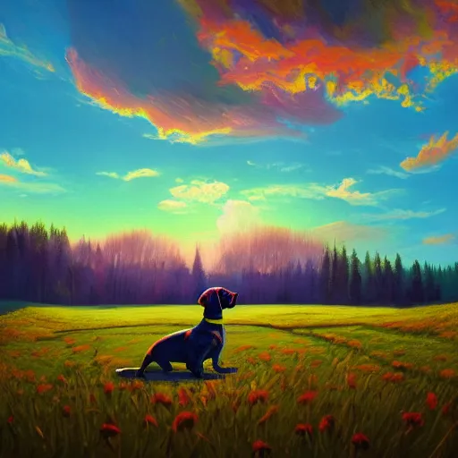 Image similar to a dachshund, surreal photography, cannabis field, sunset dramatic light, impressionist painting, colorful clouds, blue sky, digital painting, artstation, simon stalenhag