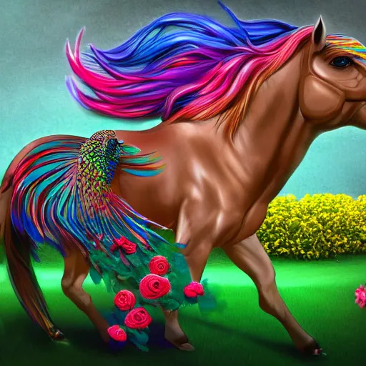 Prompt: a horse made of multi-colored roses being ridden by a friendly iridescent peacock, down an suburban street lined with old trees, shady and sunny, digital art, 3D render, trending on artstation.