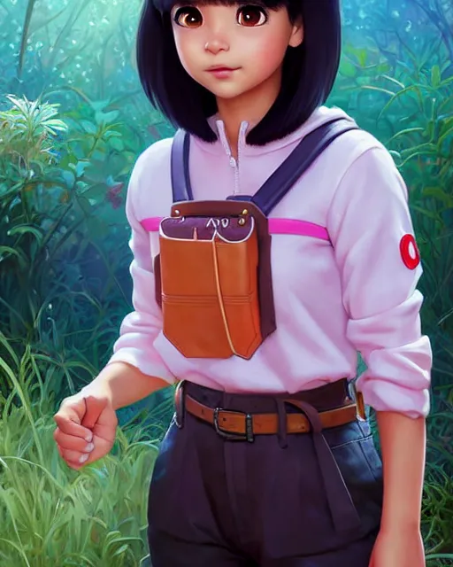 Prompt: real girl dora the explorer wearing her cloth made from leather, fine detail!! anime!! realistic shaded lighting!!, kim hyun joo, digital painting by ilya kuvshinov, magali villeneuve, artgerm, jeremy lipkin and michael garmash and rob rey