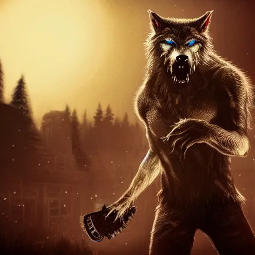 Image similar to a fearsome werewolf holding an electric guitar in the other a full moon shies behind him, dark, nighttime, gothic, cinematic scene, super detailed, hyper realistic