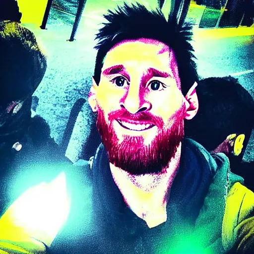 Image similar to just took a photo with a Lionel Messi, viral photo, instagram photo, the camera flash is bright in his face,