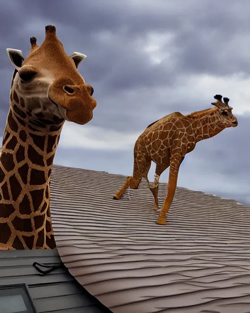 Prompt: rubber flat roofing installation services on garage roof halifax, fantasy, a giraffe standing on the roof, giraffe looks like a kangaroo, intricate, epic lighting, cinematic composition, hyper realistic, 8 k resolution, unreal engine 5, by artgerm, tooth wu, dan mumford, beeple, wlop, rossdraws, james jean, marc simonetti, artstation