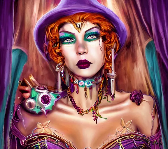 Image similar to beautiful female character inspired by new orleans mardi gras and street art vampire bounty hunter | | digital artwork made by greg rutswork, anna dittmann and lois van barlee, symmetrical rim light, anatomically correct