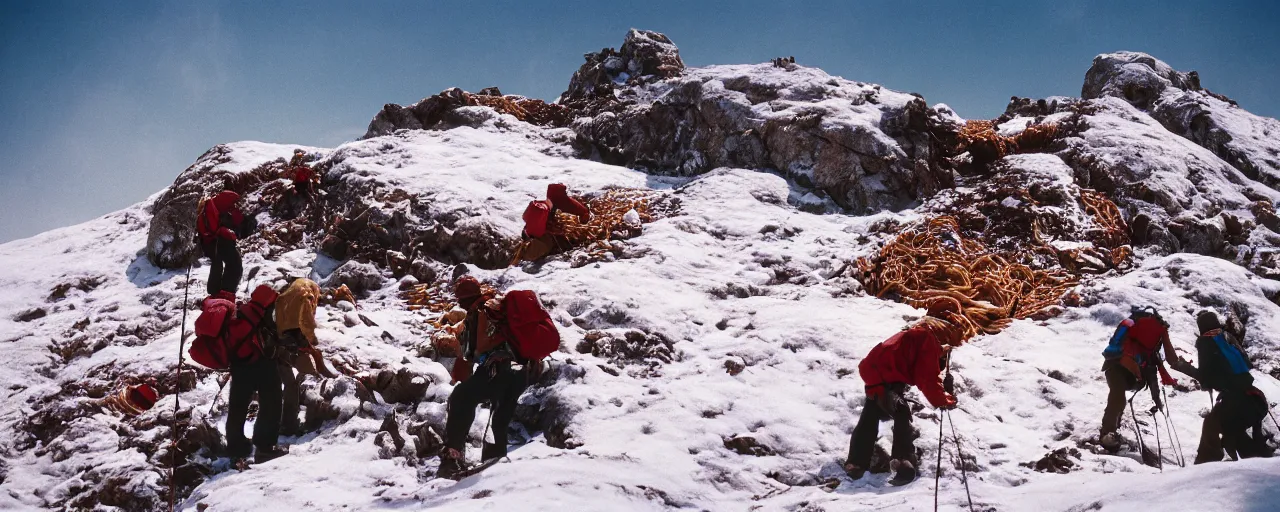 Image similar to hikers climbing over a mound of spaghetti on top of a frozen mountain, canon 5 0 mm, cinematic lighting, photography, retro, film, kodachrome