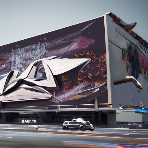 Prompt: sci-fi cars trucks motorcycles 50% of canvas in center and wall near structure on the coronation of napoleon painting and digital billboard in the middle and everything in style of zaha hadid and suprematism forms unreal engine 5 keyshot octane artstation trending bladerunner 2049 colors lighting ultra high detail ultra photo realistic 8k 16k in plastic dark tilt shift