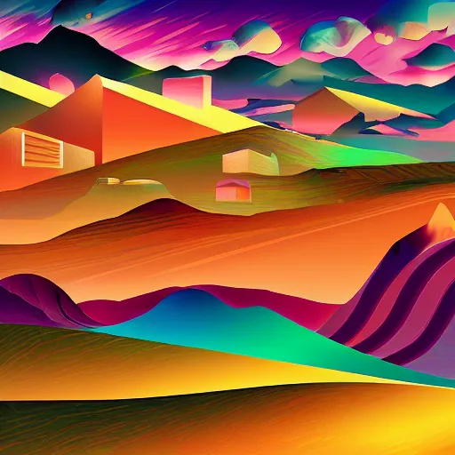 Prompt: a beautiful landscape of a vast desert with mountains and hills in a cubo - futurism style, digital art