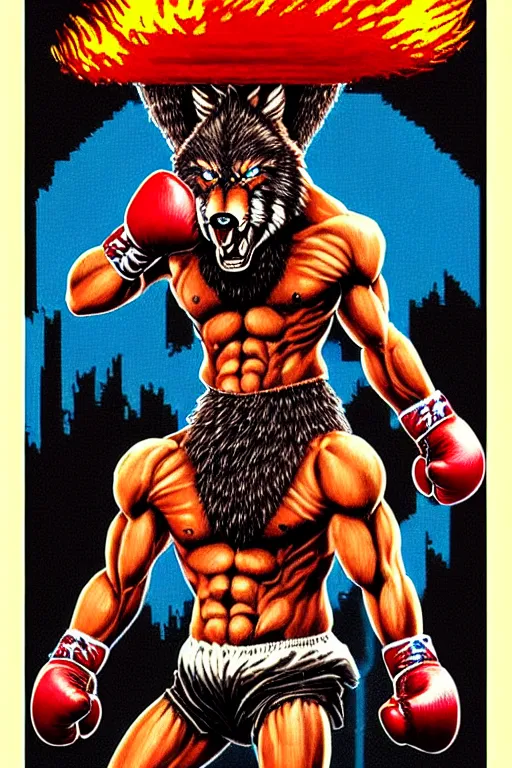 Image similar to extreme long shot. 8 bit nes graphics. antropomorphic muscular masculine wolf. kickboxer fighter, in shorts. wolf head. angry. fine details, very sharp, art from nes game cartridge, 8 0's, vhs artefacts, vaporwave style, marc simonetti and hermann nitsch and anish kapoor.