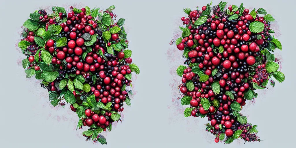 Prompt: ultra detailed two halle berry shaped exactly like berries on a tree duplicate rendered by octane digital painting inspired by arcimboldo