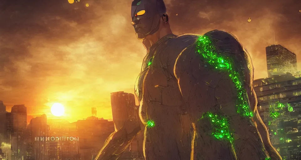 Prompt: a dystopian superhero comic book called modifikation, about bacterium algae that eats people and creates large red diodes all over their bodies hdr, designed by comicraft and yasushi nirasawa, a greenish yellow sunset background, hyperrealistic, 8 k, bokeh, hdr, prism, octane render