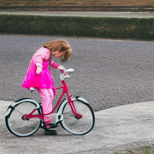 Prompt: young girl playing with bicycle