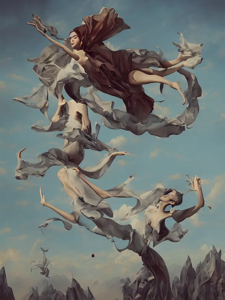 Prompt: beautiful woman hovering straight up in the air, surrealist, dada, by peter mohrbacher, by max ernst, by leonora carrington, by james jean, octane renderer, 8 k