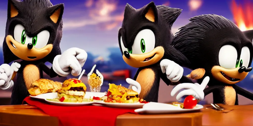 Image similar to A render of Sonic the Hedgehog sitting across from Shadow the Hedgehog at a restaurant, Sonic looks like he is shocked, Shadow is looking away in disgust, they both have hamburgers in front of them on a plate, movie, HDR, moody lighting, unique camera angle from the end of the table and between the two of them, candle lighting