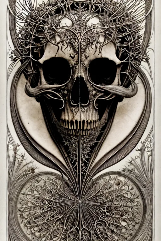 Image similar to art forms of nature by ernst haeckel, memento mori by arthur rackham, ornate antique porcelain beautiful skull mask, ultrasharp, photorealistic, hyperdetailed, octane render, polished, art nouveau, neo - gothic, gothic, intricate ornamental organic filigree, art nouveau botanicals, art forms of nature by ernst haeckel, horizontal symmetry, symbolist, visionary