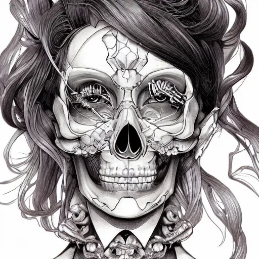 Prompt: anime manga skull portrait young woman skeleton, Simpsons , Disney , intricate, elegant, highly detailed, digital art, art by JC Leyendecker and sachin teng