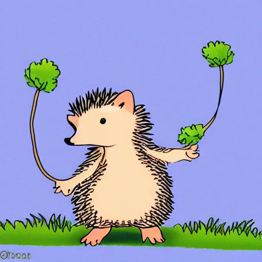 Image similar to hedgehog in hedgehog pyjamas climbing over hedge, cartoon