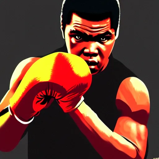 Image similar to [ muhammad ali ] shadowboxing with taped fists styled like ( gta poster art with no text ) by andreas rocha and greg manchess 8 k character portrait