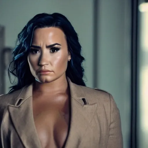 Image similar to close-up of Demi Lovato as a detective in a movie directed by Christopher Nolan, movie still frame, promotional image, imax 70 mm footage