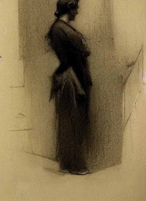 Image similar to study of a standing woman by george howard hilder. 1 9 0 5. charcoal on paper.