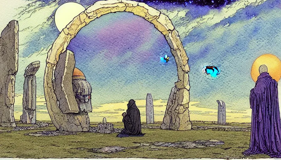 Image similar to a realistic and atmospheric watercolour fantasy concept art of a shiny metallic ufo landing in a large stonehenge. medieval monk in grey robes on his knees praying. a crescent moon in the sky. muted colors. by rebecca guay, michael kaluta, charles vess and jean moebius giraud