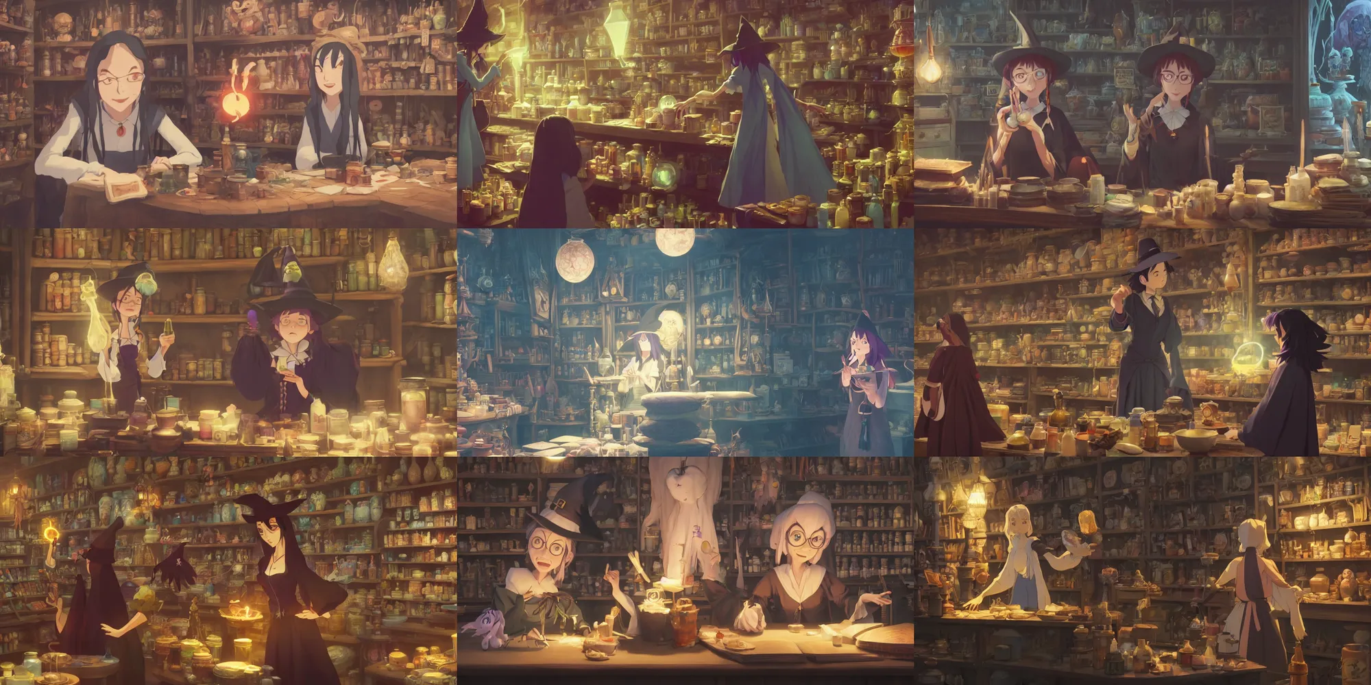 Prompt: a wholesome animation key shot of a witch at an occult store buying strange magical ingredients for her potions, close up shot, portrait, expression, studio Ghibli, Pixar and Disney animation, sharp, Rendered in Unreal Engine 5, anime key art by Greg Rutkowski, Bloom, dramatic lighting