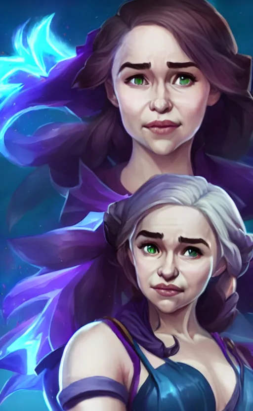 Image similar to Emilia Clarke as a character in the game League of Legends, with a background based on the game League of Legends, smiling, detailed face, old 3d graphics