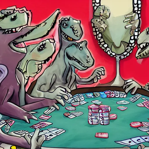 Prompt: Dinosaurs playing poker at the prehistoric dawn cave casino drawn with a left hand.