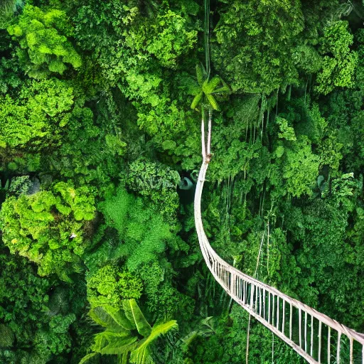 Prompt: Rope bridge in a lush jungle, from above