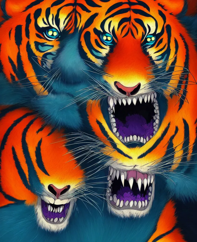 Image similar to beautiful painting from the anime film by studio ghibli neon blue anthropomorphic tiger portrait, drooling and snarling, too many teeth, too many mouths, golden hour backlit, trending on artstation, cell shading, 8k octane render, manga