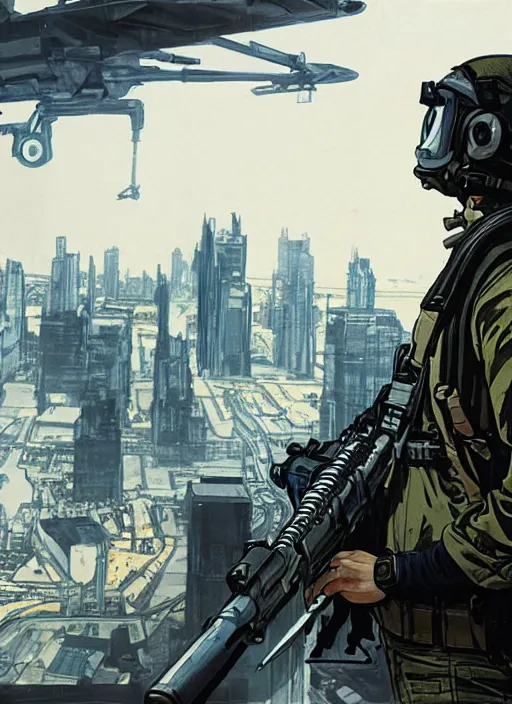 Image similar to Hector. USN special forces operator looking at city skyline. Agent wearing Futuristic stealth suit. rb6s and MGS Concept art by James Gurney, Alphonso Mucha.