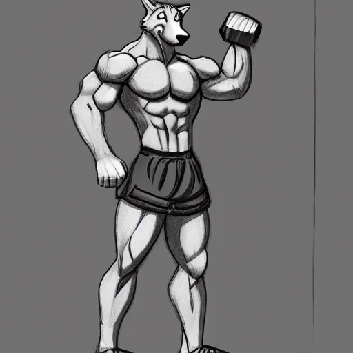 Prompt: master furry artist pencil sketch full body portrait character study of the anthro male anthropomorphic wolf fursona animal person wearing gym shorts bodybuilder at gym