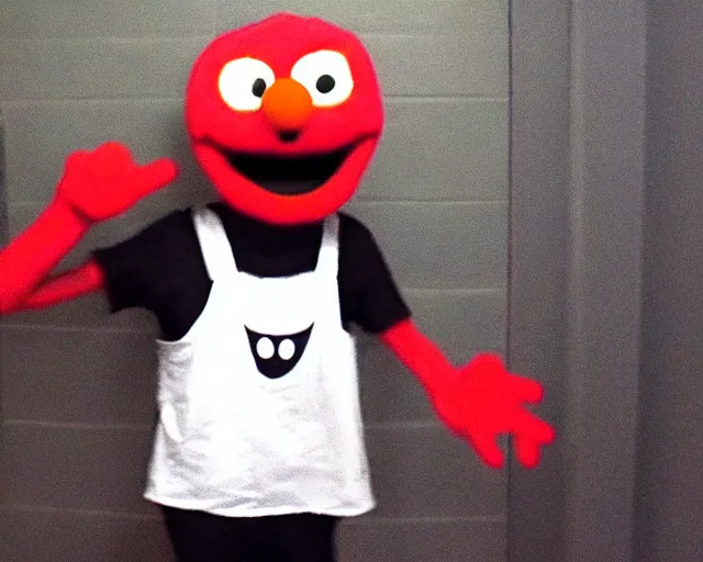 Prompt: scary elmo with long, slim, gangly arms, horror, slenderman, terror, night cam footage