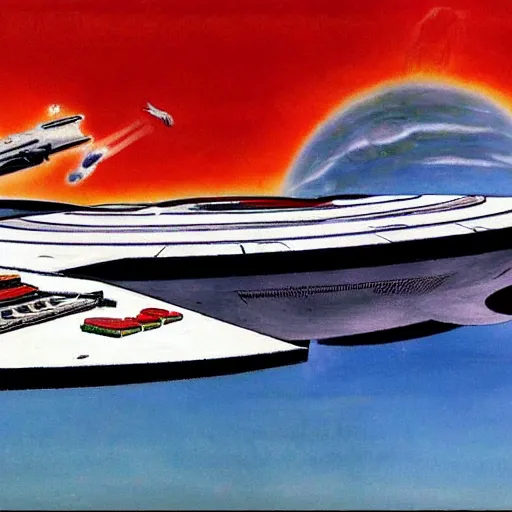 Prompt: U.S.S. Enterprise from Star Trek painted in the style of Robert McCall