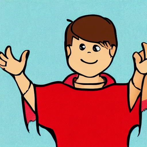 Prompt: boy cartoon character saying i love alex, high quality, making a heart sign with his hand, digital art,