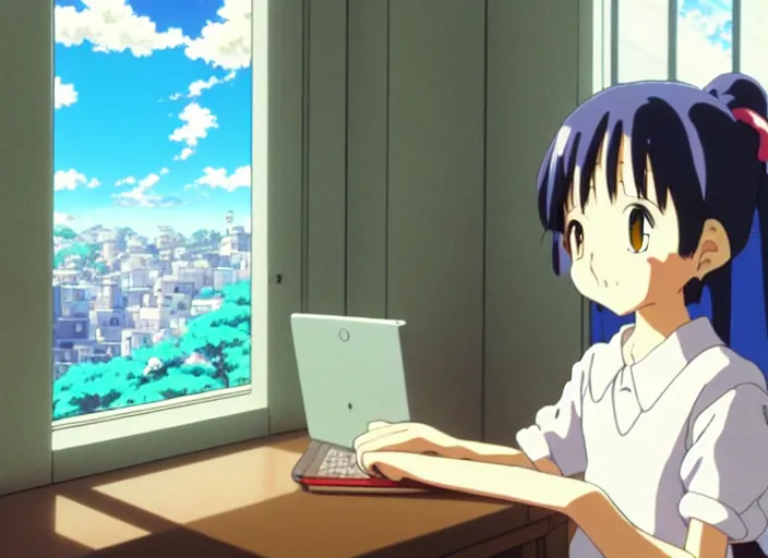 Prompt: anime fine details portrait of joyful school girl sits in her room near computer, open window, city landscape on the background deep bokeh, close-up, anime masterpiece by Studio Ghibli. 8k, sharp high quality classic anime from 2000 in style of Hayao Miyazaki