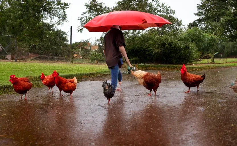 Image similar to a scene with a red wheel barrow where chickens are walking around in the rain.