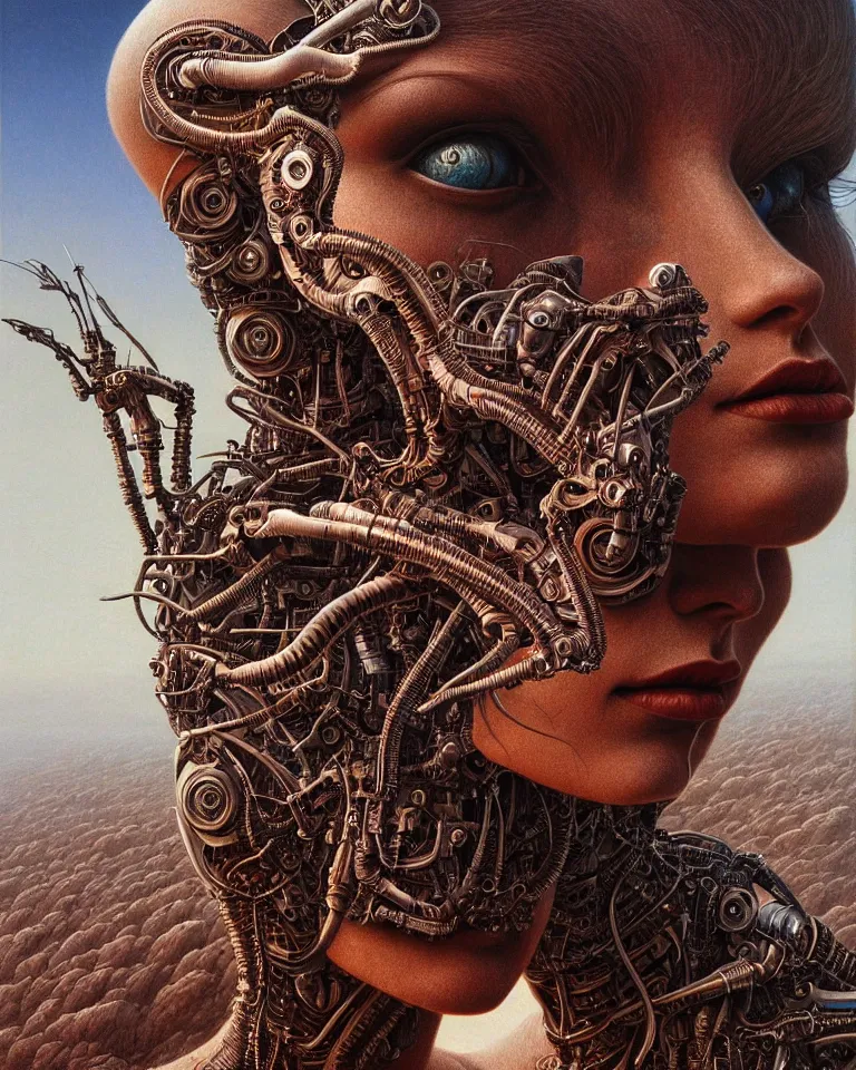 Image similar to ultra realist intricate detailed portrait of an attractive female turning into a cyborg in an alien landscape, insanity, accurate features, apocalyptic, very intricate details, 8 k resolution, dim lighting, volumetric lighting, artstyle, zdzisław beksinski and keith thompson, award winning