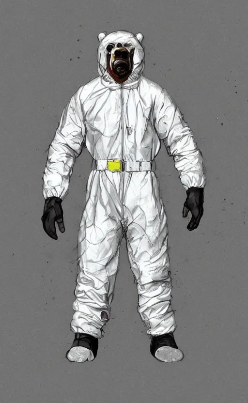 Image similar to portrait of full body bear beast-man wearing a hazmat suit, digital art, concept art, highly detailed, sharp focus